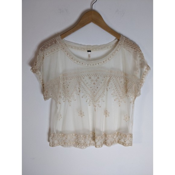 Free People Tops - Free People Sheer Embroidered Short Sleeve Top